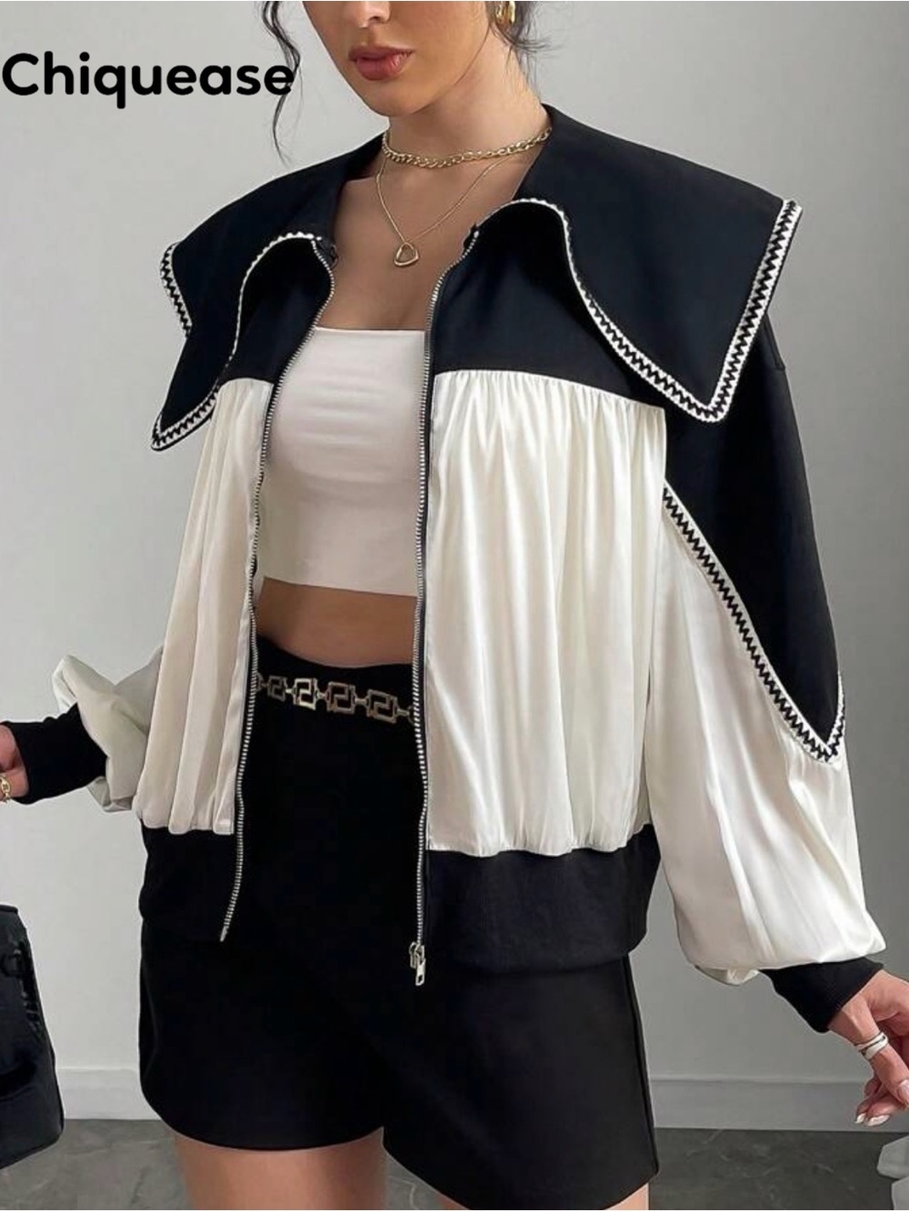 SHEIN Black & White Sailor-Collar Bomber Jacket